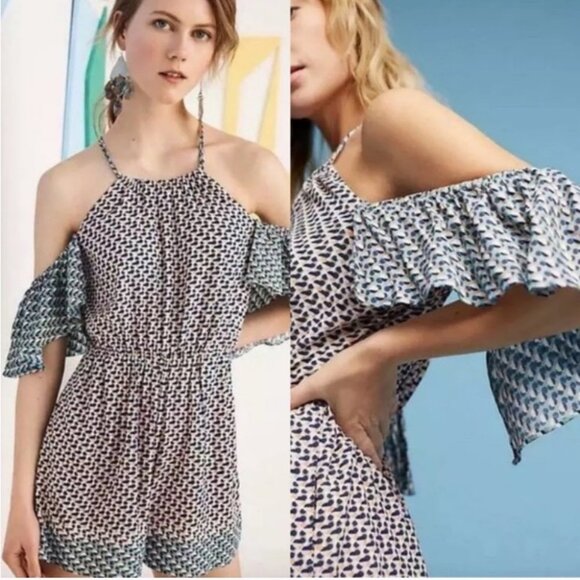 Anthropologie Elevenses Madalenna Open Shoulder Ruffle Romper Size XS Bohemian - Picture 2 of 13